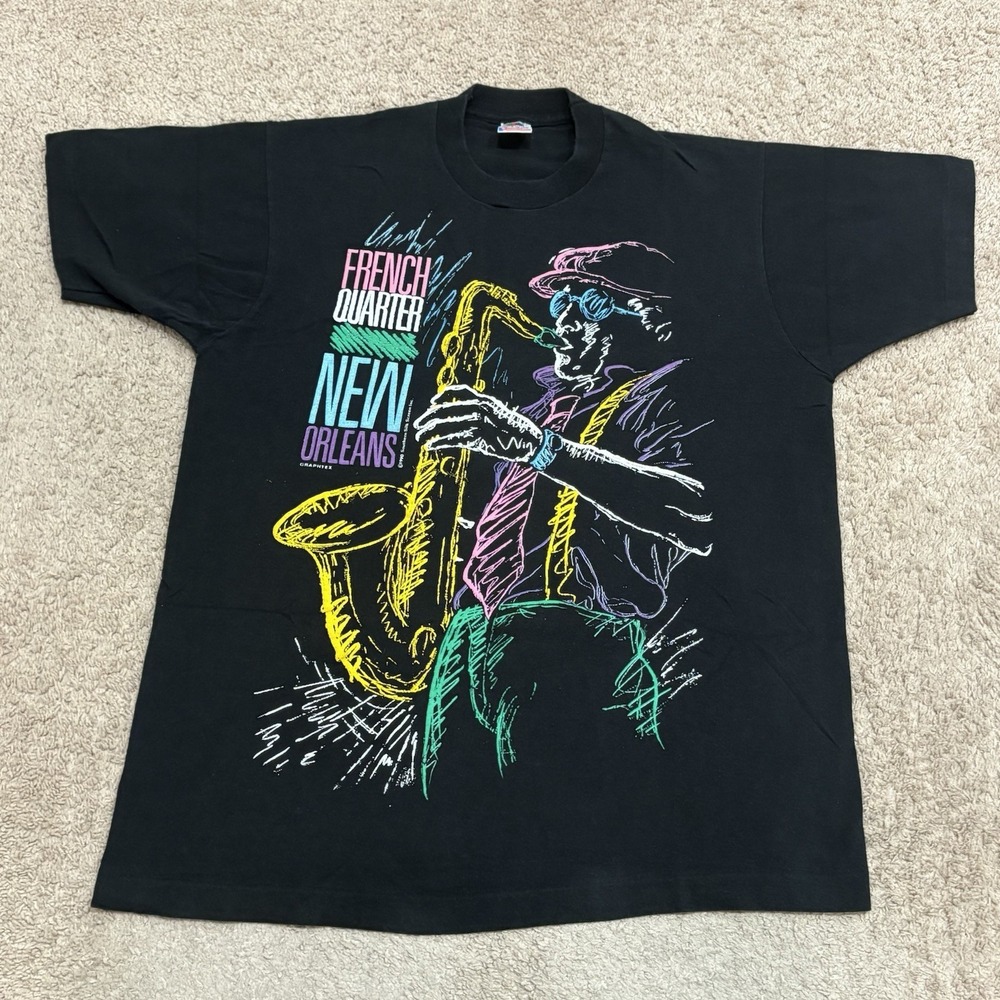 Vintage 90s French Quarter New Orleans Jazz T-Shirt Men's Large Black Graphtex